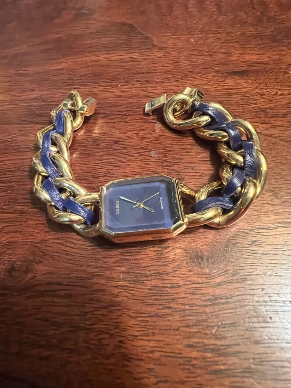 Vintage Gruen Square Blue Dial Gold toned Chain Link and Leather Bracelet Watch